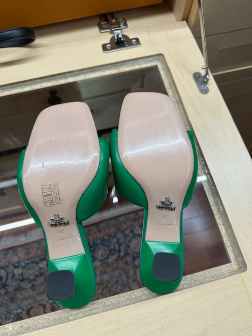 Prada Green Enameled Metal Triangle Leather Size 37 Slides - Picture 6 of 6